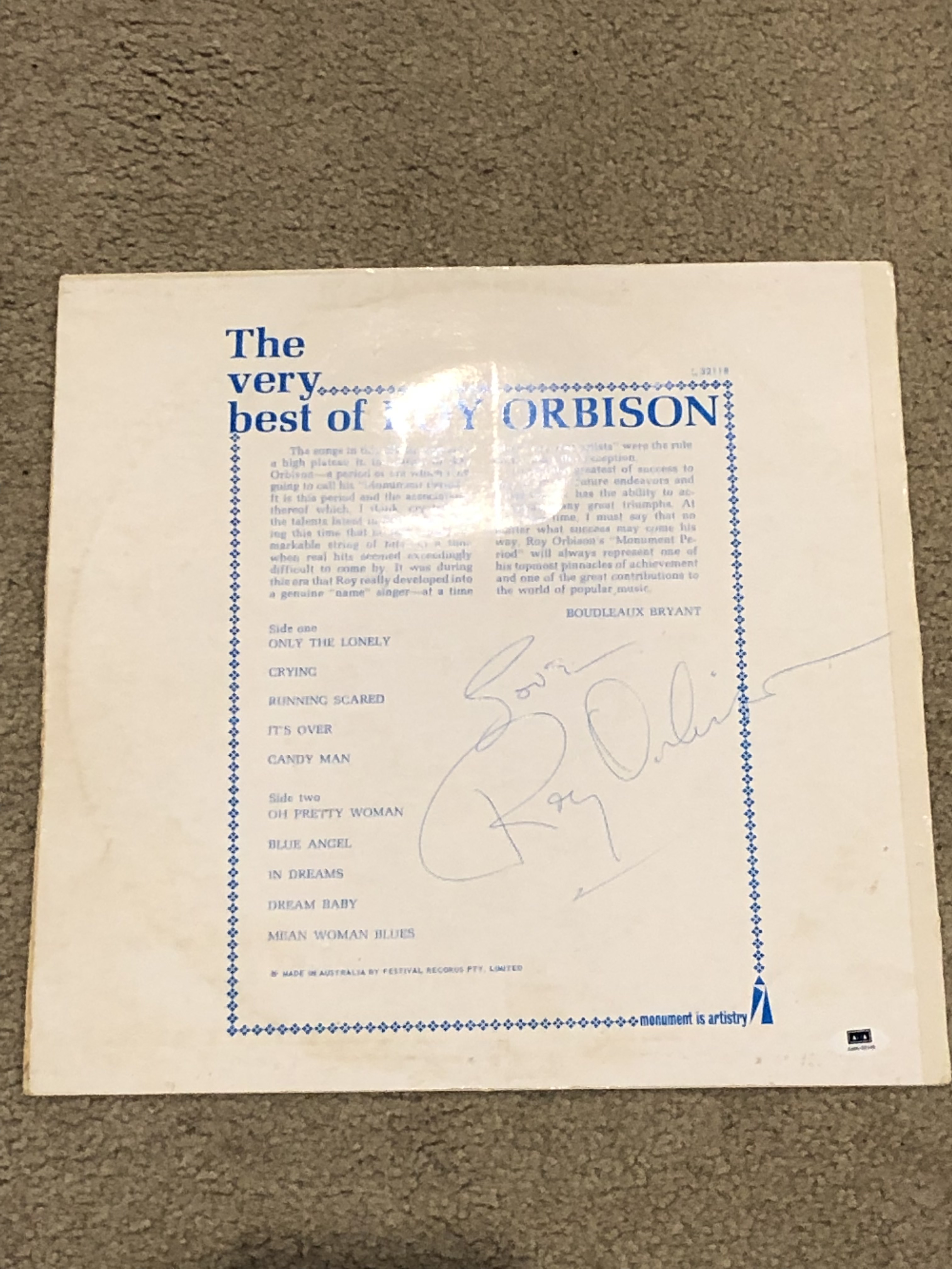 Roy Orbison signed album cover